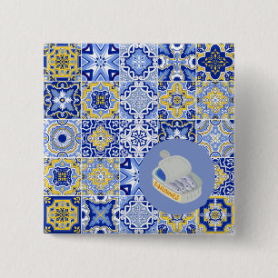 Bóton Quadrado 5.08cm Azulejos azuis e sardos