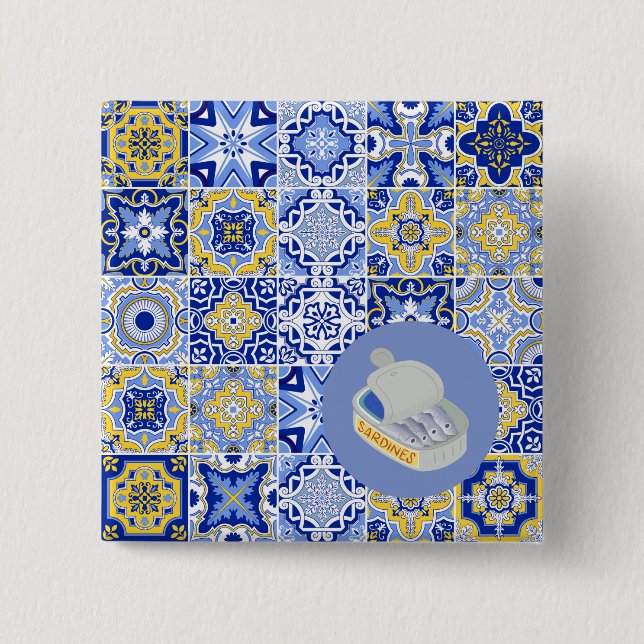 Bóton Quadrado 5.08cm Azulejos azuis e sardos (Frente)