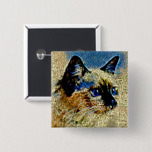 Bóton Quadrado 5.08cm Azulejos de mosaico de gato com olhos azuis