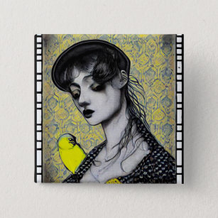 Bóton Quadrado 5.08cm B&W Yellow Surreal Vintage Girl & Canary