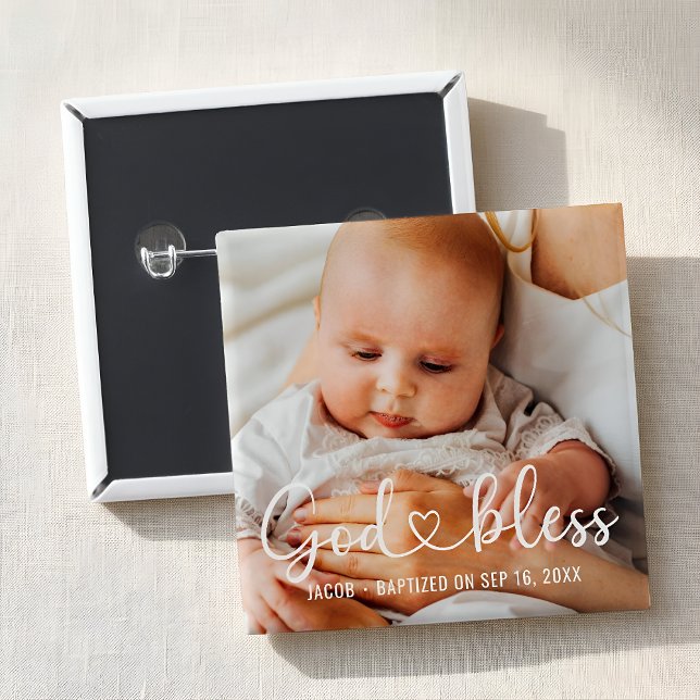 Bóton Quadrado 5.08cm Baptism Simple Modern Heart Baby Photo (Criador carregado)