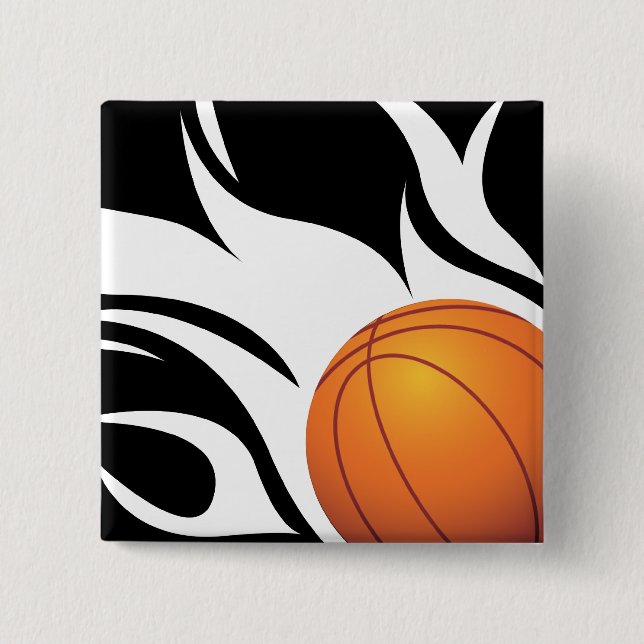 Bóton Quadrado 5.08cm Basquetebol flamejante preto e branco (Frente)
