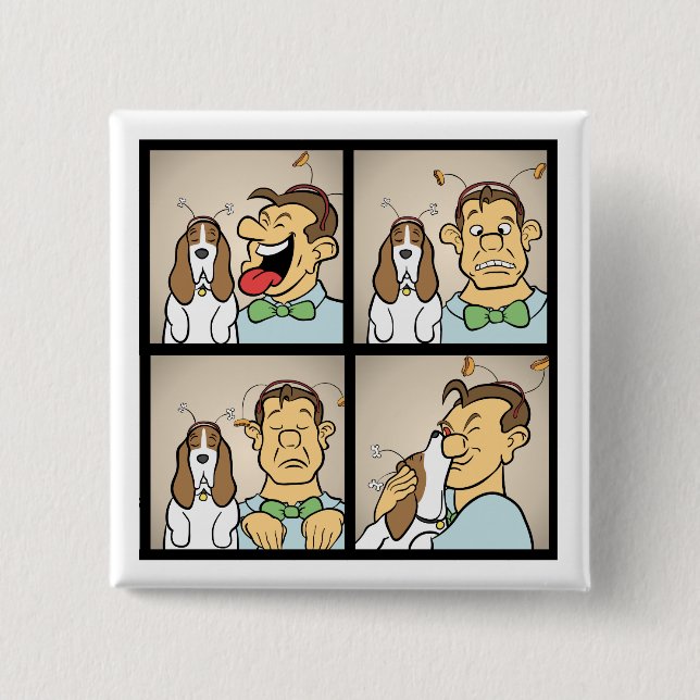 Bóton Quadrado 5.08cm Basset Hound com o homem em desenhos animados (Frente)