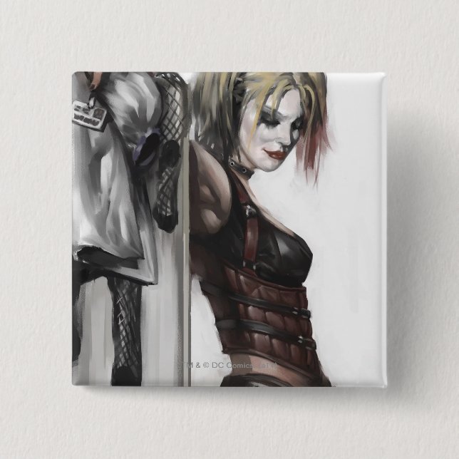 Bóton Quadrado 5.08cm Batman Arkham | Ilustração de Harley Quinn (Frente)