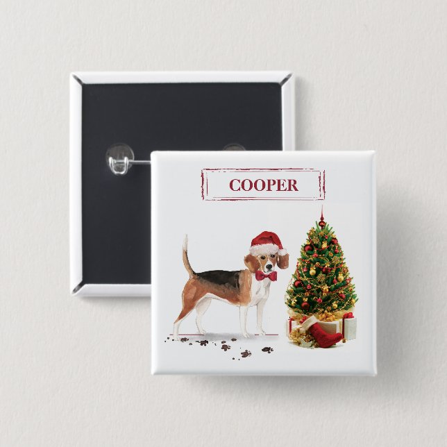 Bóton Quadrado 5.08cm Beagle Engraçado Cachorro de Natal com Árvore (Frente & Verso)