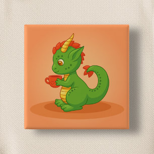 Bóton Quadrado 5.08cm Bebê Dragão Fofo Segurando Xícara em Laranja