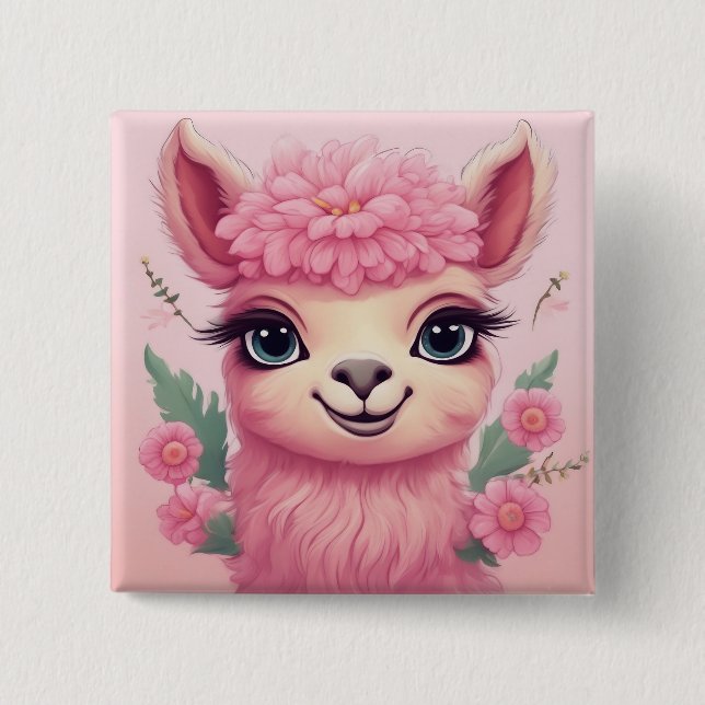 Bóton Quadrado 5.08cm Bebê Lama Sorriso Rosa (Frente)