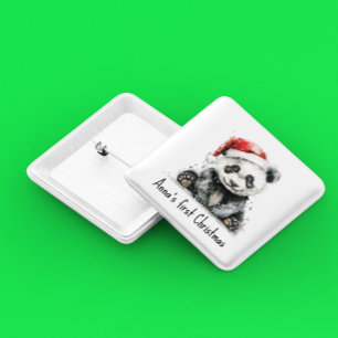 Bóton Quadrado 5.08cm bebê panda vestindo chapéu de natal, personalizáve