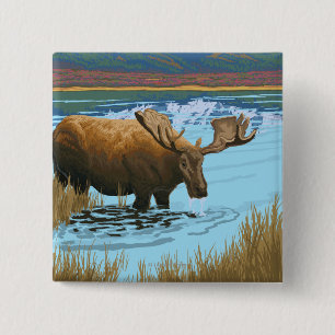 Bóton Quadrado 5.08cm Bebendo dos alces no lago - parque nacional de