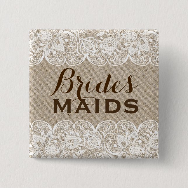 Bóton Quadrado 5.08cm Beige Linen & White Lace Bridesmaids Botão 2 (Frente)