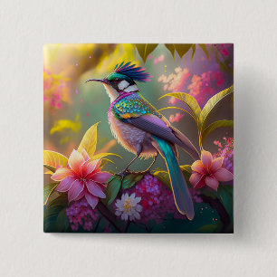 Bóton Quadrado 5.08cm Beija-flor Fantasia com Asas de Arco-íris e Crista