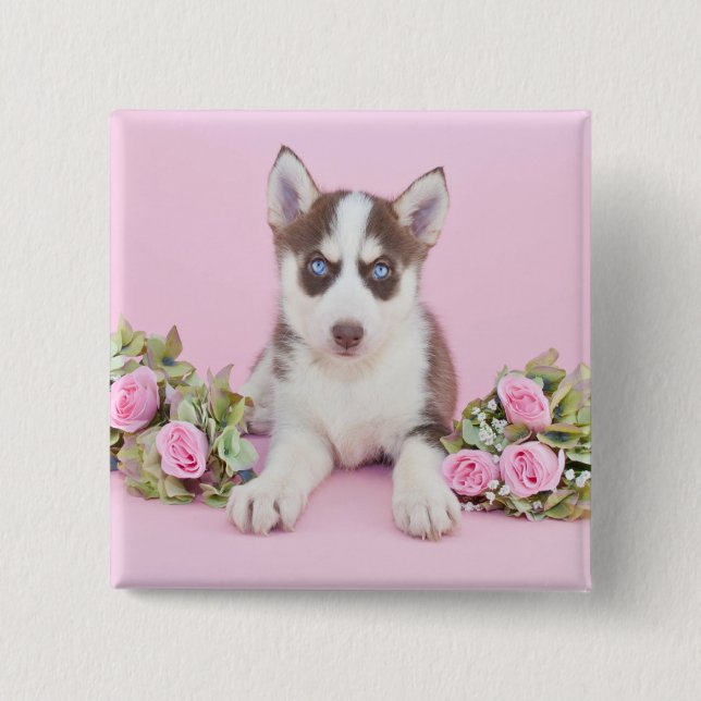 Bóton Quadrado 5.08cm Belo Rouco Puppy com Rosas Rosa (Frente)