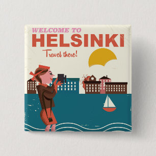 Bóton Quadrado 5.08cm Bem-vindo a Helsinque pôster de viagem vintage Fin