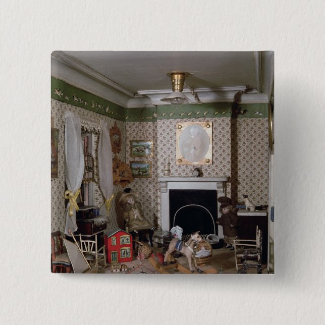 Bóton Quadrado 5.08cm Berçário com os brinquedos da "senhorita Milha" (Frente)