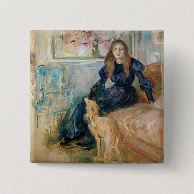 Bóton Quadrado 5.08cm Berthe Morisot - Julie e o seu Greyhound Laerte (Frente)
