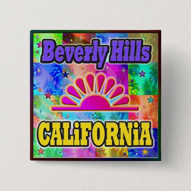 Bóton Quadrado 5.08cm Beverly Hills Sun & Palms Button (Frente)