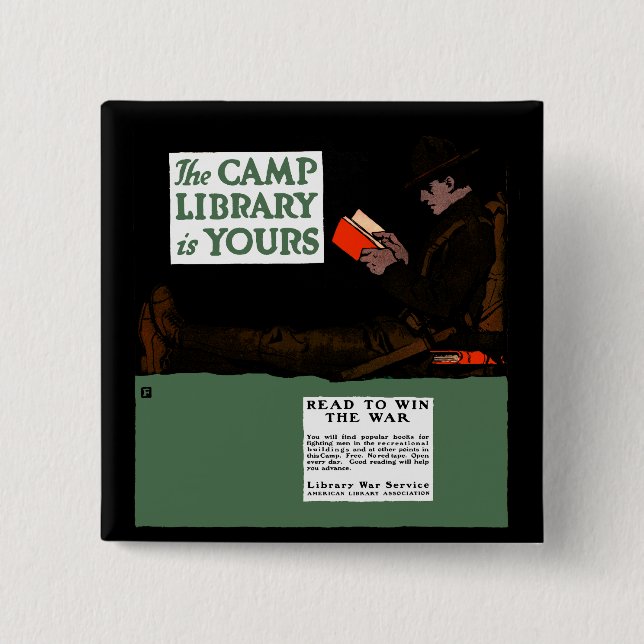 Bóton Quadrado 5.08cm Biblioteca do Campo I da Guerra Mundial, 1917 (Frente)