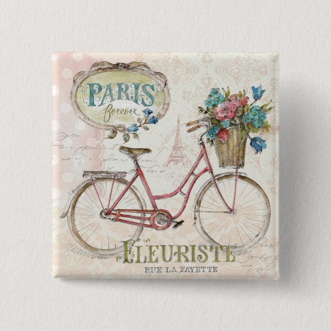 Bóton Quadrado 5.08cm Bicicleta de Paris com as flores na parte (Frente)