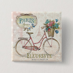 Bóton Quadrado 5.08cm Bicicleta de Paris com as flores na parte