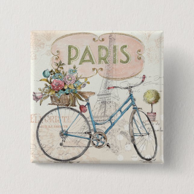 Bóton Quadrado 5.08cm Bicicleta de Paris com flores (Frente)