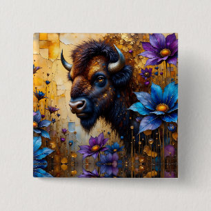 Bóton Quadrado 5.08cm Bisão Americano em retrato de flor texturizada