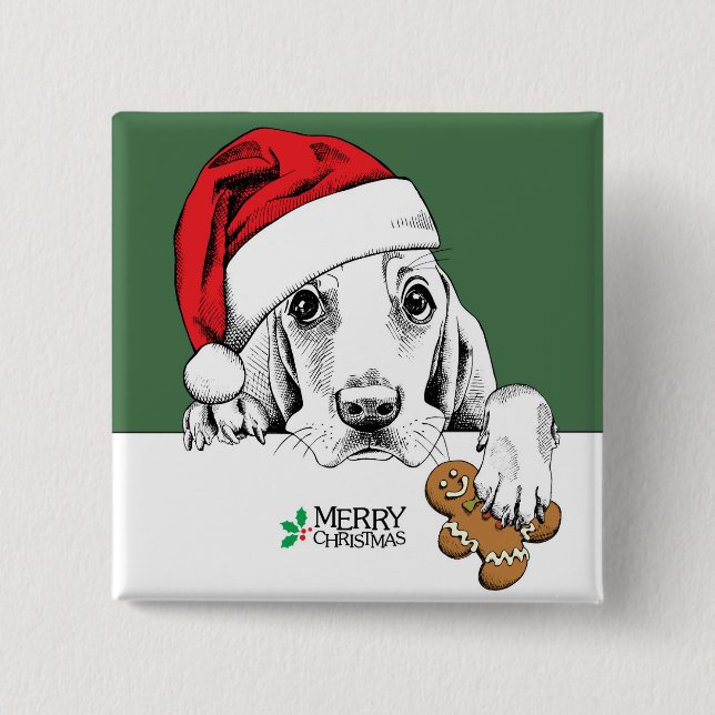 Bóton Quadrado 5.08cm Biscoito do Natal de Basset Hound (Frente)