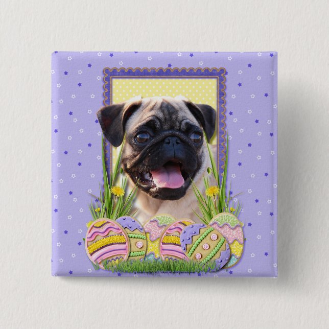 Bóton Quadrado 5.08cm Biscoitos do ovo da páscoa - Pug (Frente)