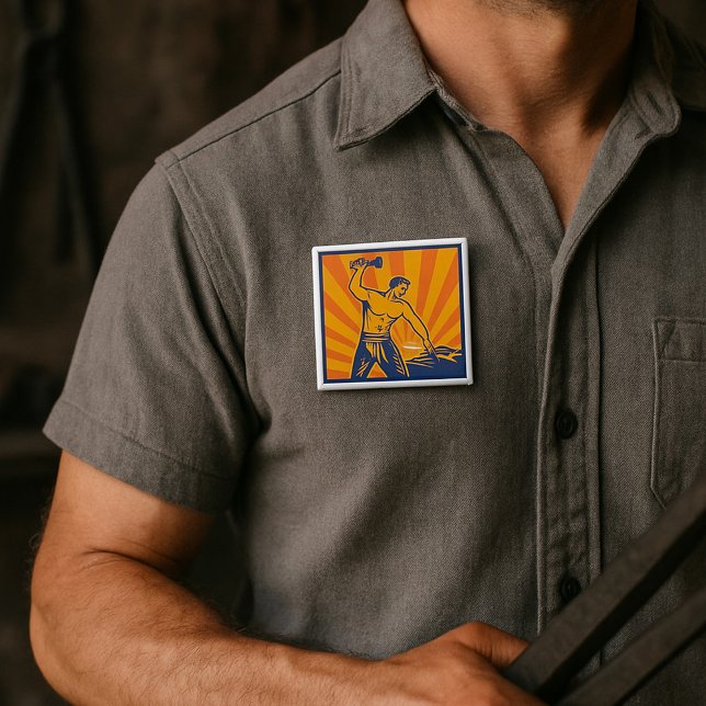 Bóton Quadrado 5.08cm Blacksmith Hammering Retro Strongman Labor (Criador carregado)