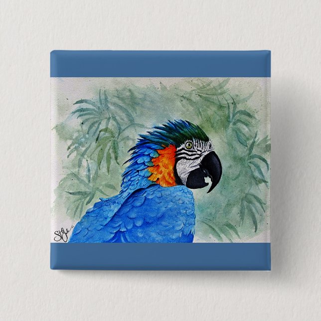 Bóton Quadrado 5.08cm Blue and Gold Macaw (Frente)