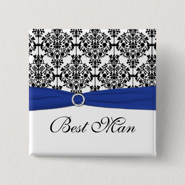 Bóton Quadrado 5.08cm Blue Black White Damask Best Man Pin (Frente)