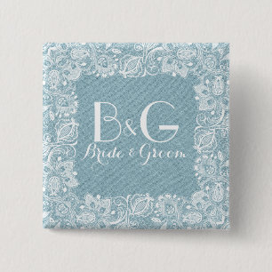 Bóton Quadrado 5.08cm Blue Faux Linen & White Floral Lace