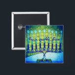 Bóton Quadrado 5.08cm Blue Green Hanukkah Menorah Peace Sparkle Shine<br><div class="desc">"Paz, brilho." Uma fotografia de perto de uma menorah brilhante, colorida, azul e verde artística ajuda-o a lançar no feriado de Hanukkah no estilo. Sinta o calor e a alegria da temporada de férias sempre que você veste este chic, colorido botão Chanucá. Cartões de correspondência, postagens, adesivos, travesseiros, utensílios domésticos,...</div>