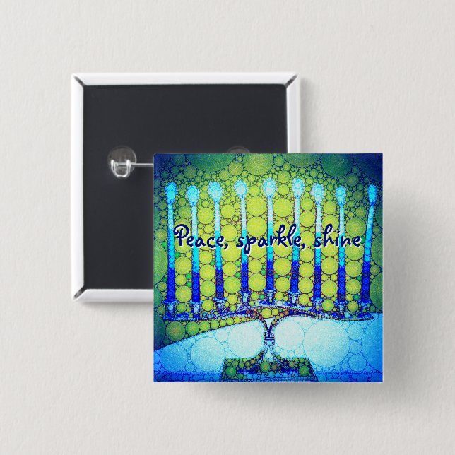 Bóton Quadrado 5.08cm Blue Green Hanukkah Menorah Peace Sparkle Shine (Frente & Verso)