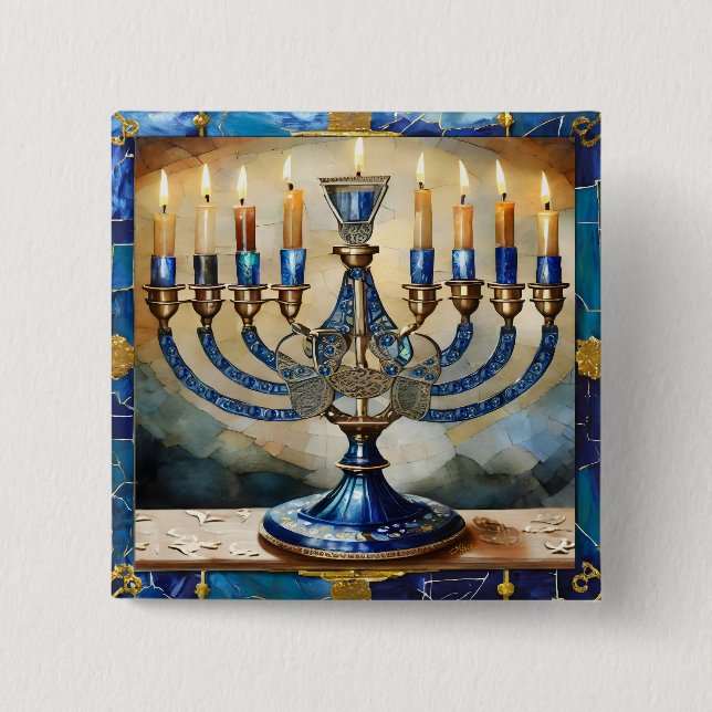 Bóton Quadrado 5.08cm Blue Hanukkah Menorah (Frente)
