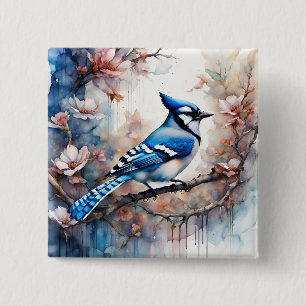 Bóton Quadrado 5.08cm Blue Jay Cherry Blossoms aquarela