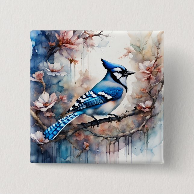 Bóton Quadrado 5.08cm Blue Jay Cherry Blossoms aquarela (Frente)