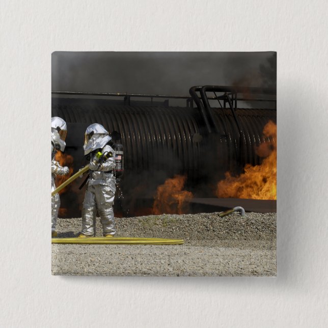 Bóton Quadrado 5.08cm Bombeiros neutralizam um incêndio em direto (Frente)