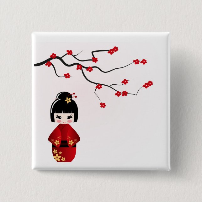 Bóton Quadrado 5.08cm Boneca de Kokeshi sob o ramo de sakura (Frente)