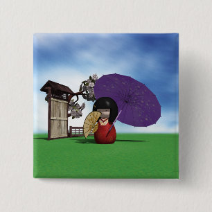 Bóton Quadrado 5.08cm Boneca Kokeshi Japonesa Arte de Flor de Cerejeira
