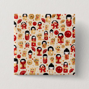 Bóton Quadrado 5.08cm Bonecos Japoneses - Gatos Kokeshi e Maneki Neko