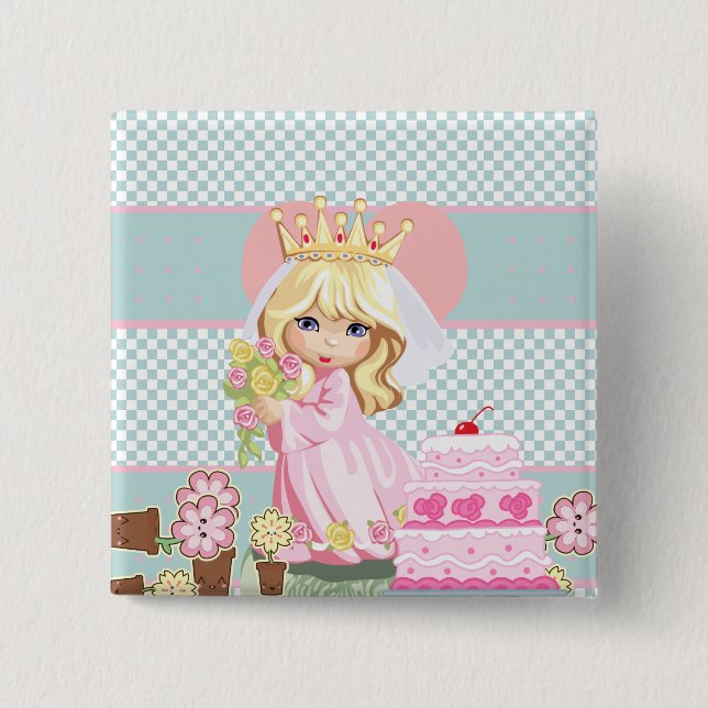 Bóton Quadrado 5.08cm Bonita Princesa Criança - tão kawaii (Frente)