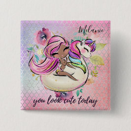 Bóton Quadrado 5.08cm Bonito garota que você parece bonita hoje Unicórni