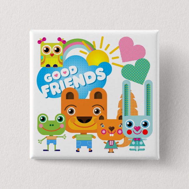Bóton Quadrado 5.08cm Bons amigos dos animais (Frente)