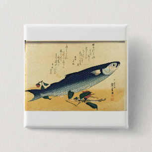 Bóton Quadrado 5.08cm Bora (Cinza) Hiroshige's Japan Fish Impressão