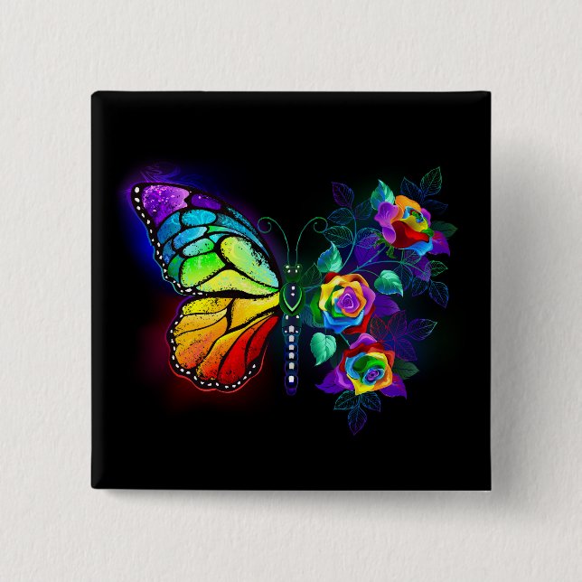Bóton Quadrado 5.08cm Borboleta-flor-arco-íris (Frente)