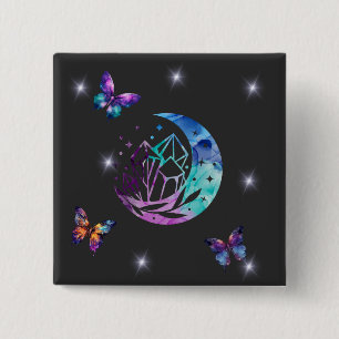 Bóton Quadrado 5.08cm Borboleta, Lua e Cristais