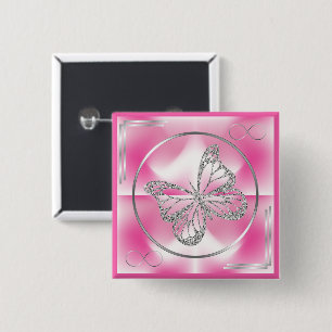 Bóton Quadrado 5.08cm Borboleta rosa e prata e sinal infinito