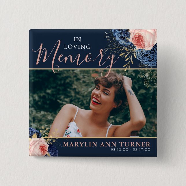 Bóton Quadrado 5.08cm Botânico Rosa e Azul Florais Elegante Memorial (Frente)