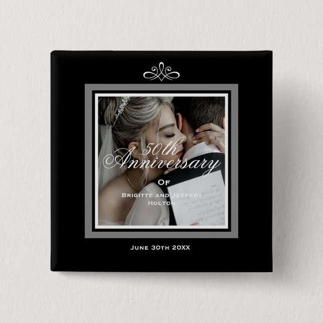 Bóton Quadrado 5.08cm Botão 50º aniversário de casamento preto (Frente)