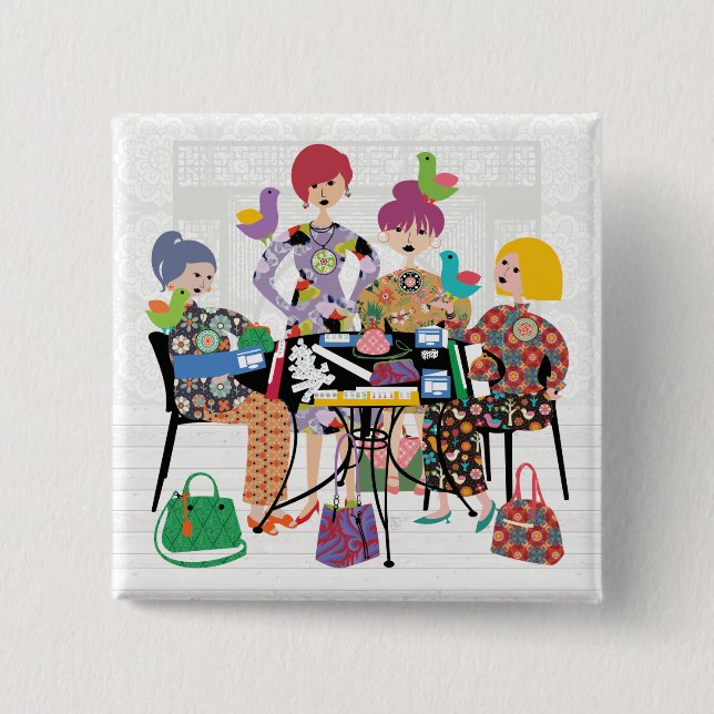 Bóton Quadrado 5.08cm Botão Aves Mah Jongg (Frente)